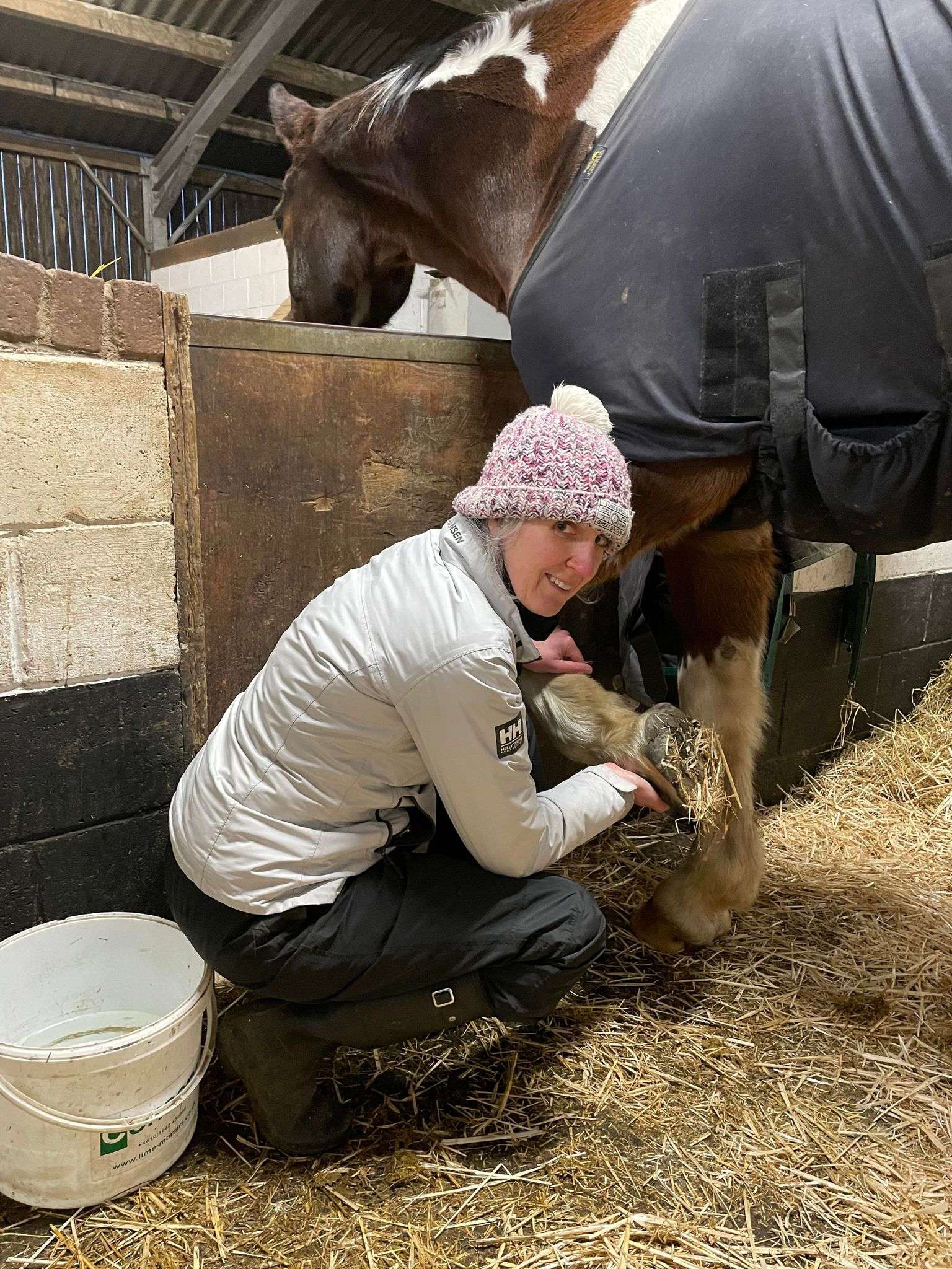 Woman kneeling holding horse's hoof